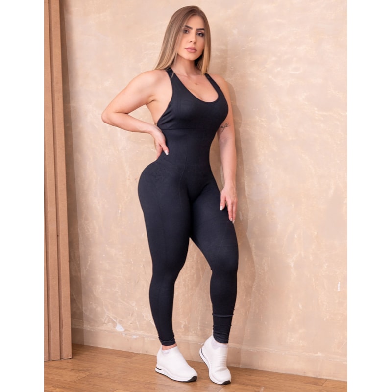 Macacão Fitness Poliamida Alças Transpassadas Recorte Modelador