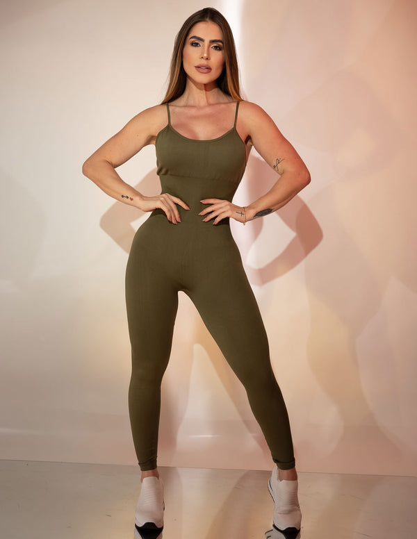 Macacão Fitness em Poliamida sem Costura com Recorte Modelador e Costas Trançadas