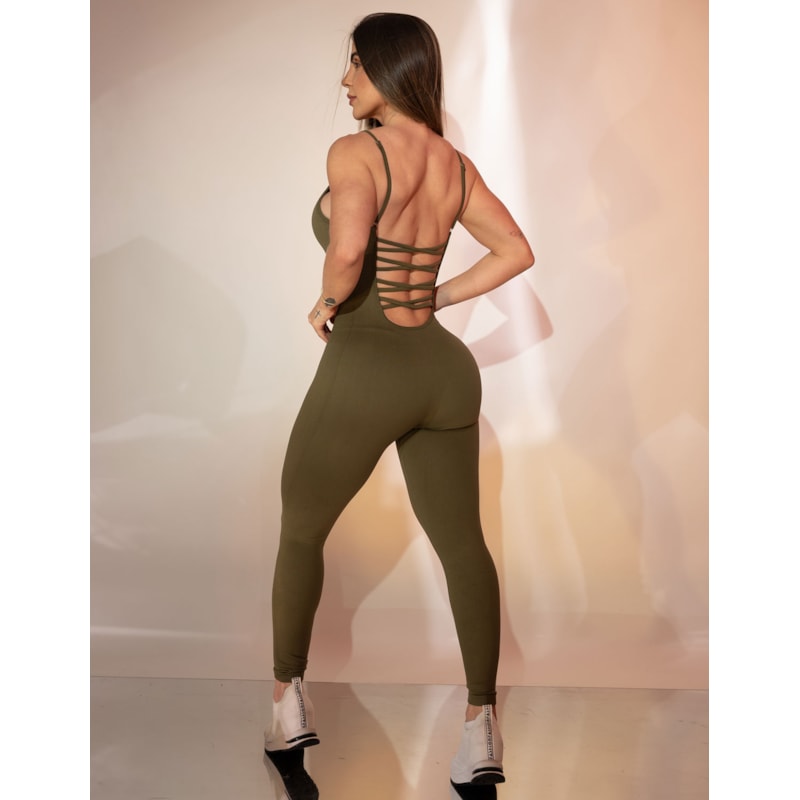 Macacão Fitness em Poliamida sem Costura com Recorte Modelador e Costas Trançadas