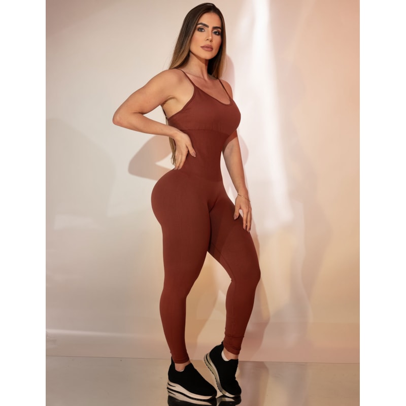 Macacão Longo Feminino em Poliamida sem Costura e Recorte Modelador com Bojo Esportivo