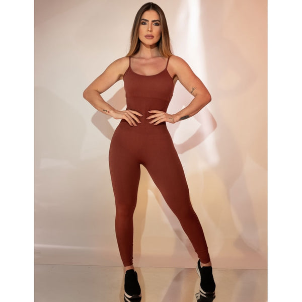 Macacão Longo Feminino em Poliamida sem Costura e Recorte Modelador com Bojo Esportivo