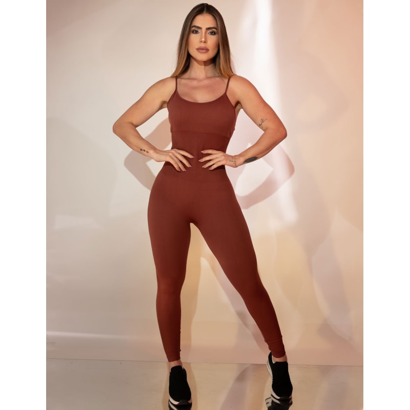 Macacão Longo Feminino em Poliamida sem Costura e Recorte Modelador com Bojo Esportivo
