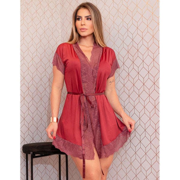 Conjunto Sedutor Feminino Robe em Microfibra e Top Doll em Suede com Renda