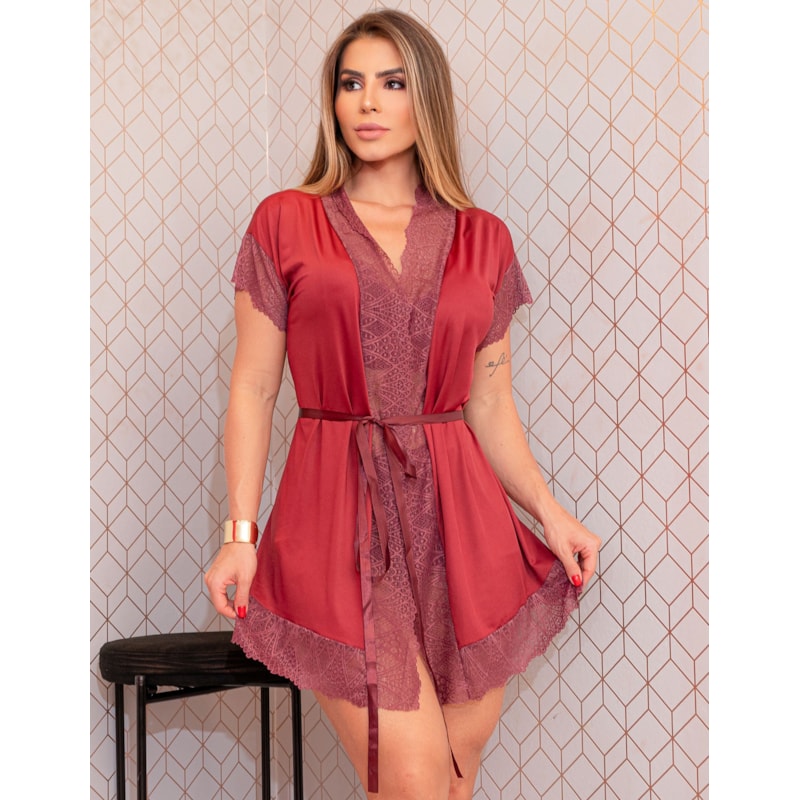 Conjunto Sedutor Feminino Robe em Microfibra e Top Doll em Suede com Renda