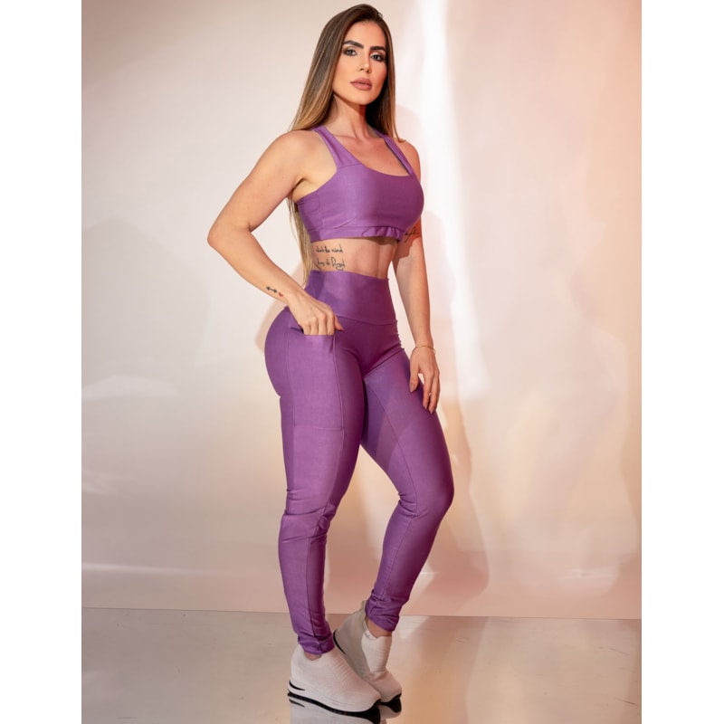 Conjunto Canelado Fitmoda Calça com Bolsos Laterais e Top sem Bojo para Academia
