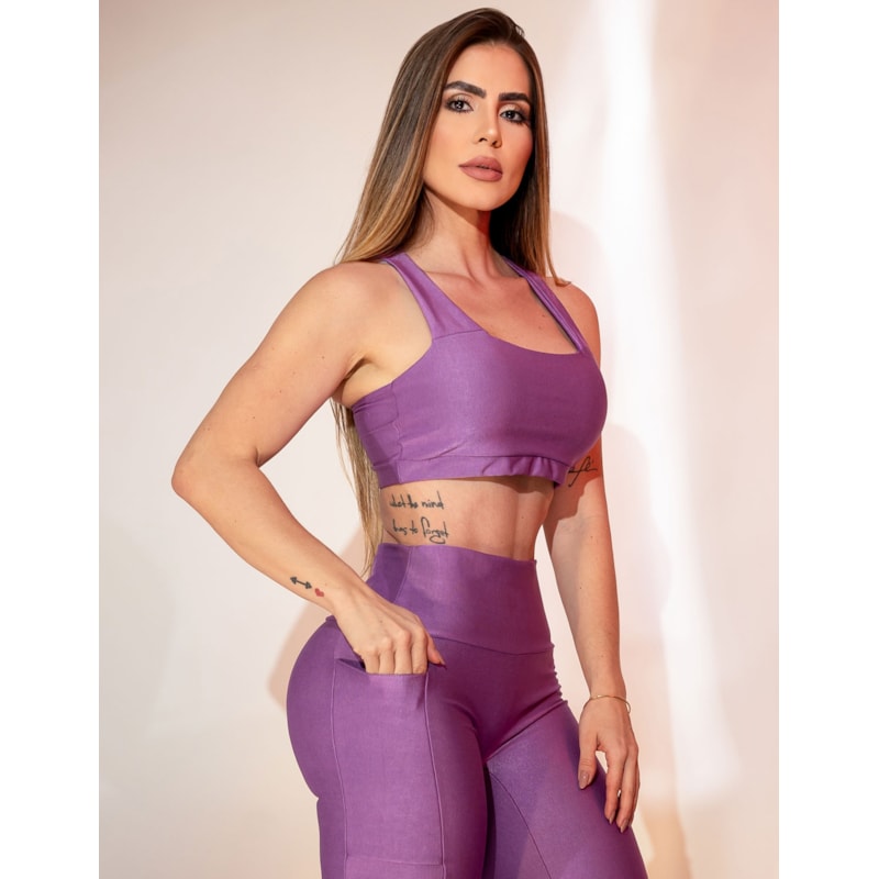 Conjunto Canelado Fitmoda Calça com Bolsos Laterais e Top sem Bojo para Academia