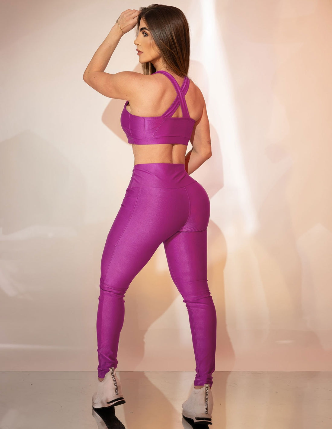 Conjunto Canelado Fitmoda Feminino Top com Calça sem Costura Frontal Esportivo