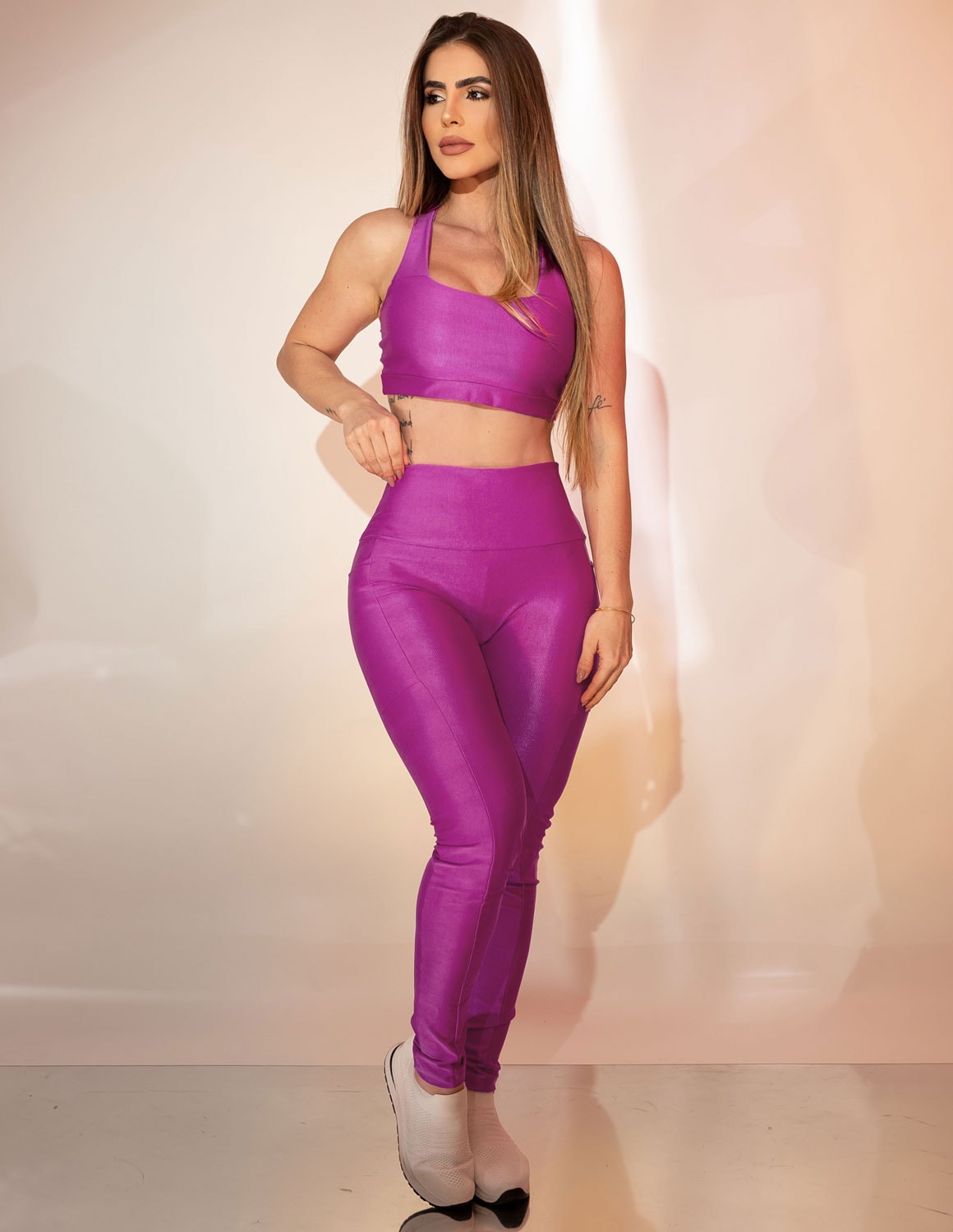 Conjunto Canelado Fitmoda Feminino Top com Calça sem Costura Frontal Esportivo