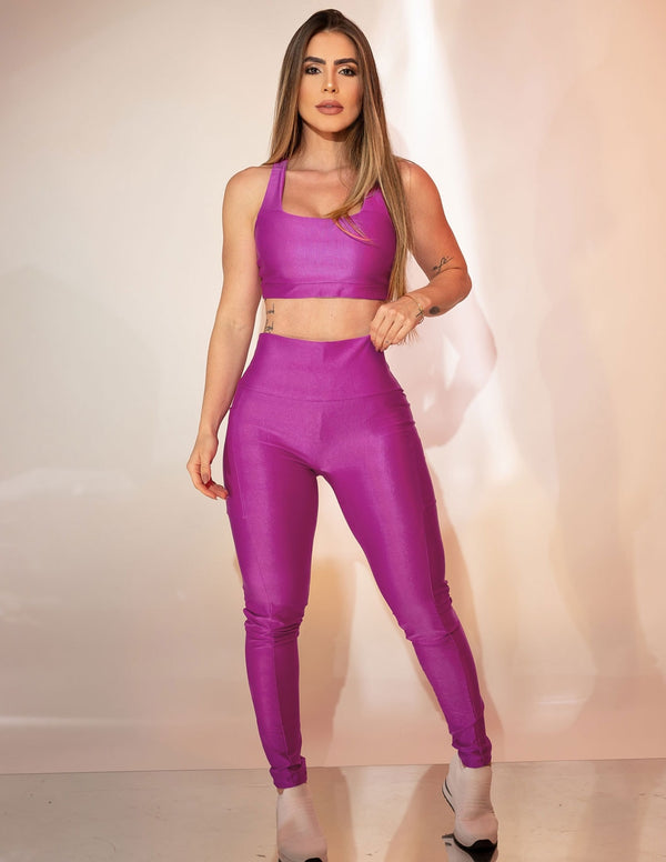 Conjunto Canelado Fitmoda Feminino Top com Calça sem Costura Frontal Esportivo