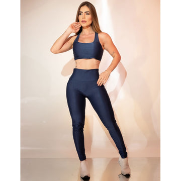 Conjunto Fitness Feminino Canelado Calça com Bolsos e Top Alças Cruzadas
