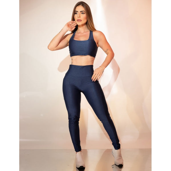 Conjunto Fitness Feminino Canelado Calça com Bolsos e Top Alças Cruzadas