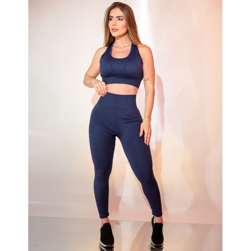 Conjunto Esportivo Calça e Cropped em Poliamida Zero Costura com Design Moderno a Laser