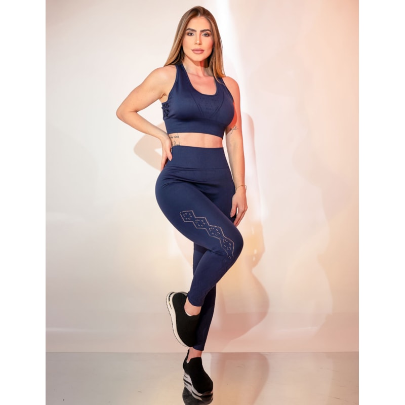Conjunto Esportivo Calça e Cropped em Poliamida Zero Costura com Design Moderno a Laser