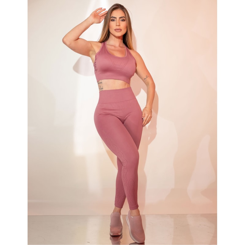 Conjunto Feminino Fitness sem Costura e Recortes Modernos Cropped com Bojo e Calça
