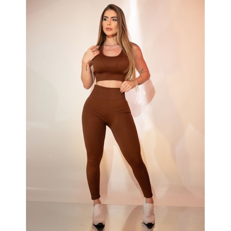 Kit Academia em Poliamida Premium Conjunto Zero Costura Calça e Cropped Recorte a Laser
