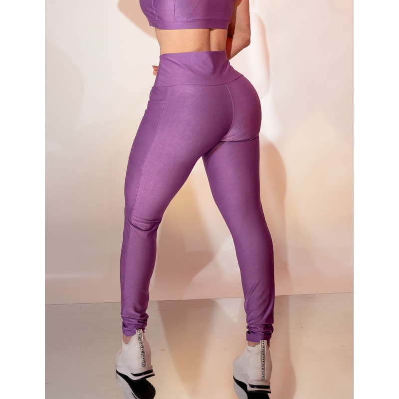 Calça Esportiva Cintura Alta Canelada Sem Costura Frontal com Bolsos Laterais