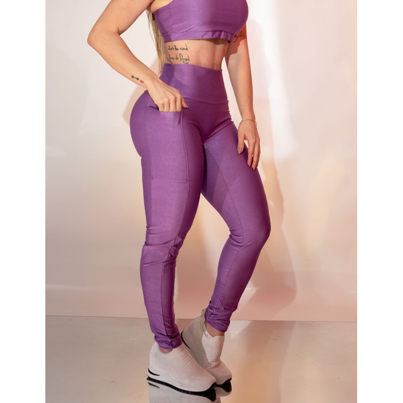 Calça Esportiva Cintura Alta Canelada Sem Costura Frontal com Bolsos Laterais
