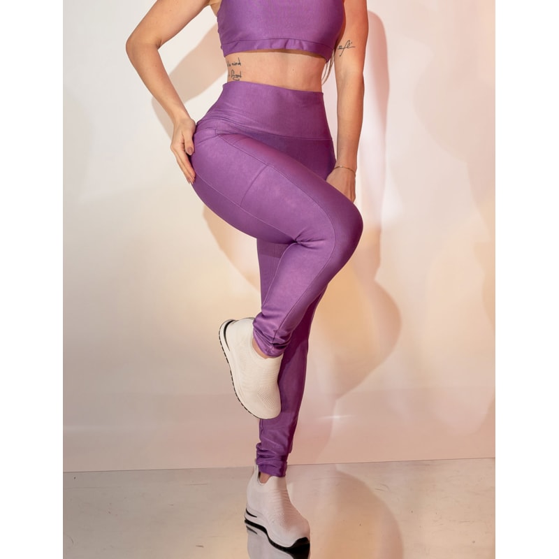 Calça Esportiva Cintura Alta Canelada Sem Costura Frontal com Bolsos Laterais