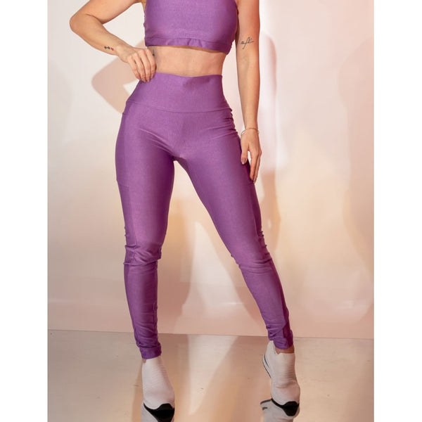 Calça Esportiva Cintura Alta Canelada Sem Costura Frontal com Bolsos Laterais