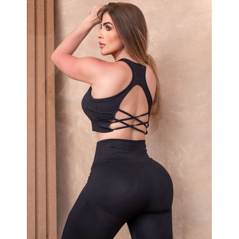 Conjunto para Treino em Poliamida Premium sem Costura Cropped Trançado e Calça Cintura Alta