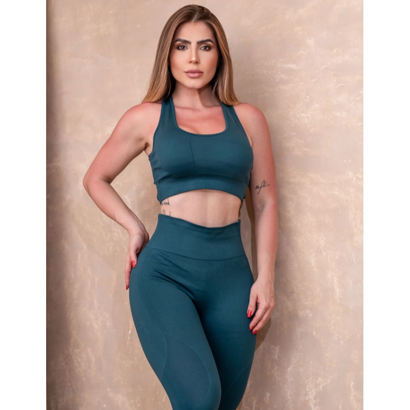 Conjunto Seamless de Poliamida com Calça Cintura Alta e Cropped Trançado