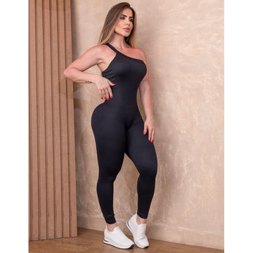 Macacão Feminino Recorte Modelador Ombro Só Canelado Esportivo