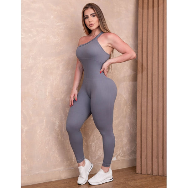 Macacão Fitness Alça Única Poliamida Canelada Recorte Modelador