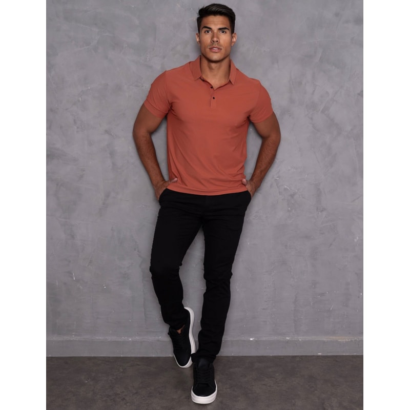 Camisa Polo Poliamida Slim Fit com Botões Manga Curta Elegante Casual