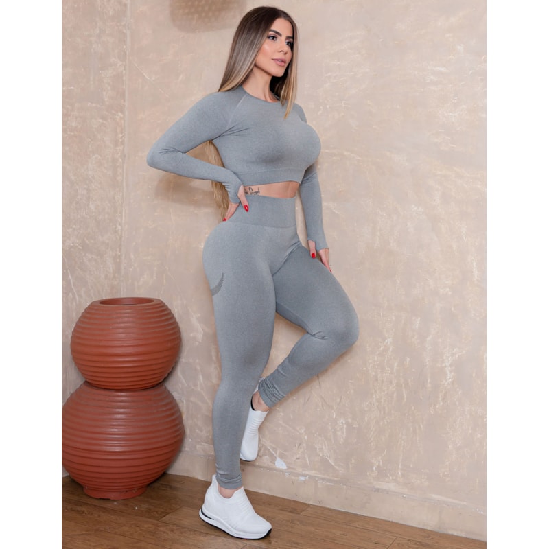 Conjunto Fitness Feminino Cropped Manga Comprida e Calça Cintura Alta sem Costura