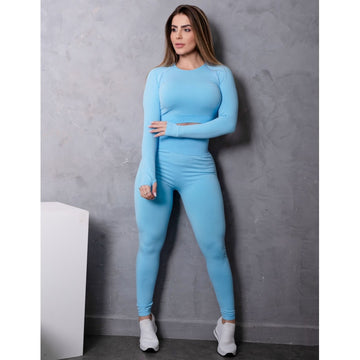 Conjunto Fitness Feminino Poliamida Sem Costura com Blusa Manga Longa e Calça Empina Bumbum