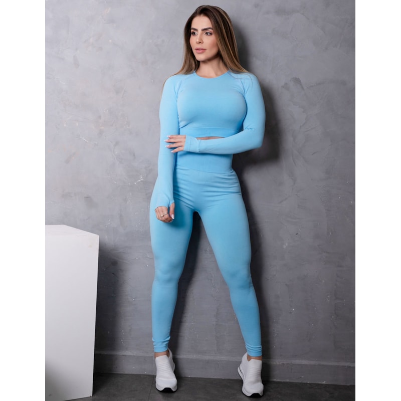 Conjunto Fitness Feminino Poliamida Sem Costura com Blusa Manga Longa e Calça Empina Bumbum