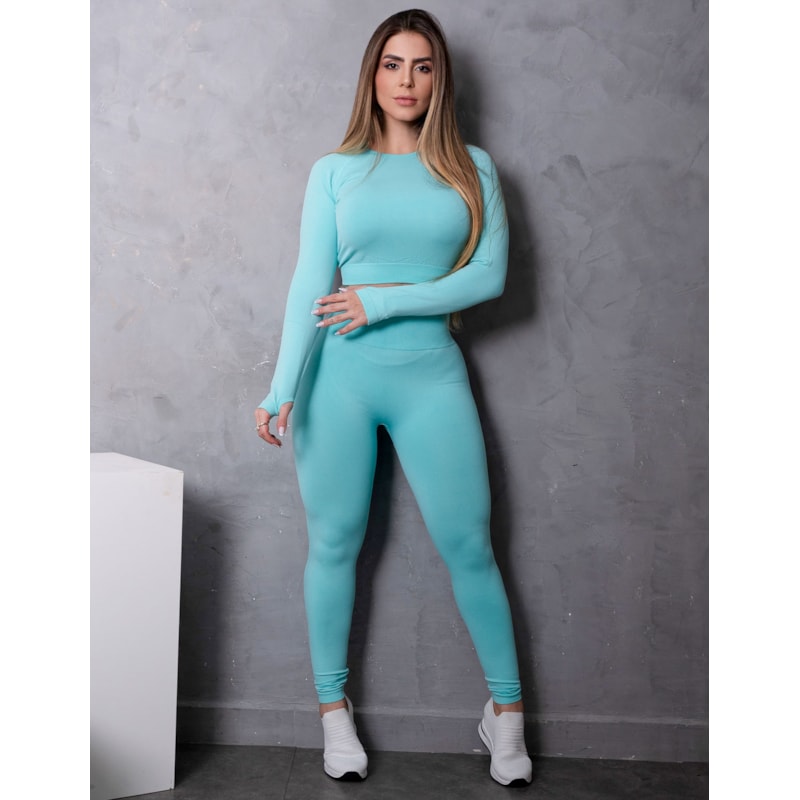Conjunto Fitness Feminino Poliamida Sem Costura Manga Longa com Furo para Polegar e Calça Empina Bumbum