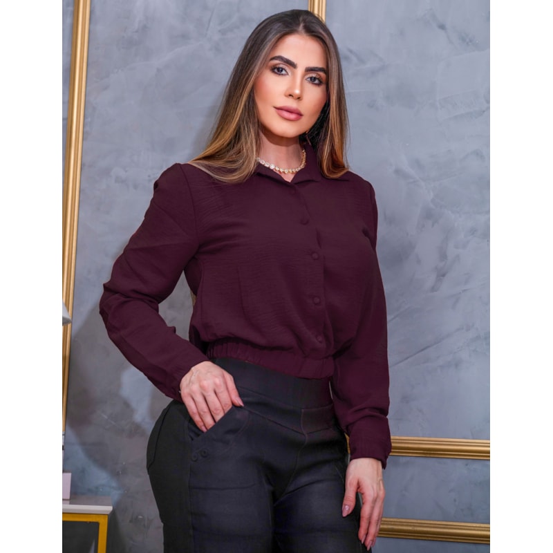 Blusa Feminina Cropped Camisa Social Duna Manga Longa com Botões Elegante