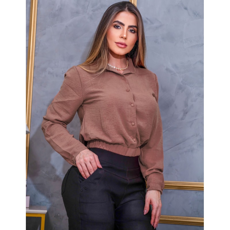 Blusa Feminina Cropped Duna Manga Longa Botão Camisa Social