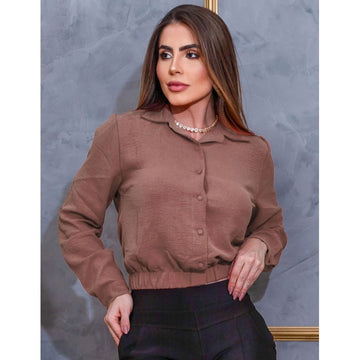 Blusa Feminina Cropped Duna Manga Longa Botão Camisa Social