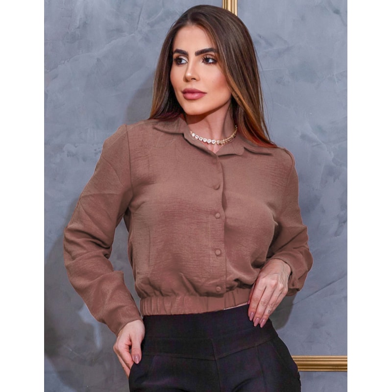 Blusa Feminina Cropped Duna Manga Longa Botão Camisa Social