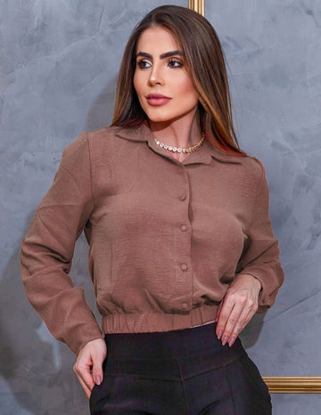 Blusa Feminina Cropped Duna Manga Longa Botão Camisa Social