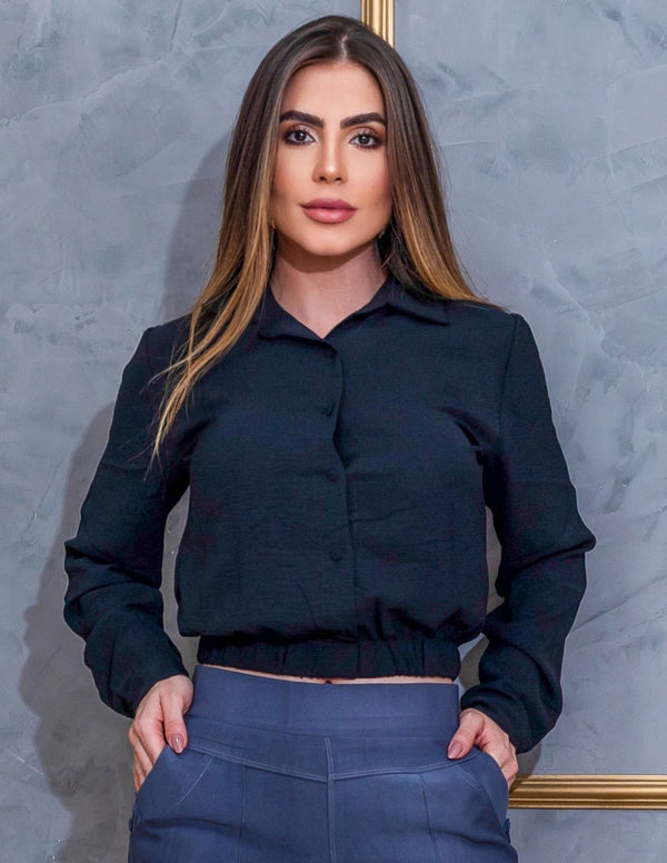Crooped Blusa Casual em Crepe Duna com Mangas Longas e Botões