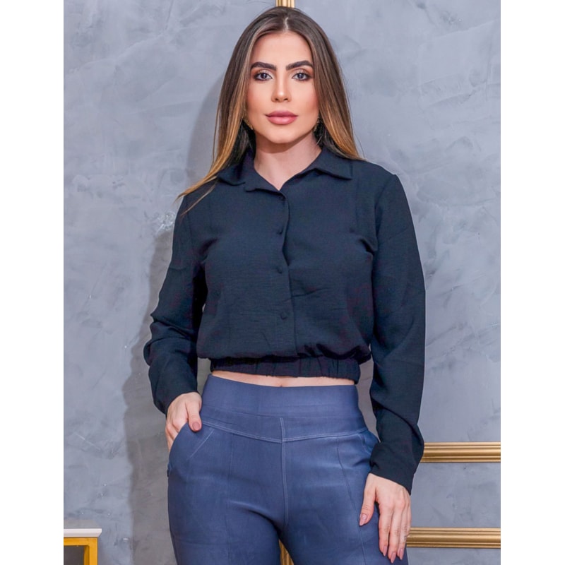 Crooped Blusa Casual em Crepe Duna com Mangas Longas e Botões