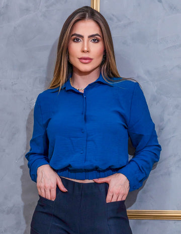 Crooped Feminino Manga Longa em Crepe Duna com Botões Frontais e Base Elástica