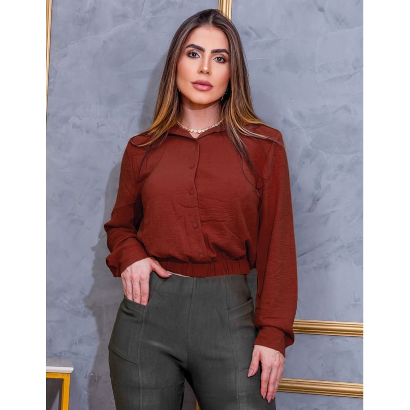 Cropped Blusa Duna Feminina com Botão Manga Comprida Modelo Social