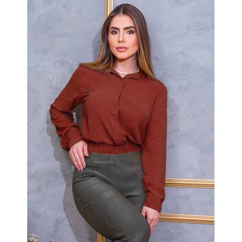 Cropped Blusa Duna Feminina com Botão Manga Comprida Modelo Social