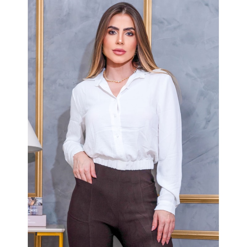 Cropped Blusa Feminino com Manga Longa em Crepe Duna Casual
