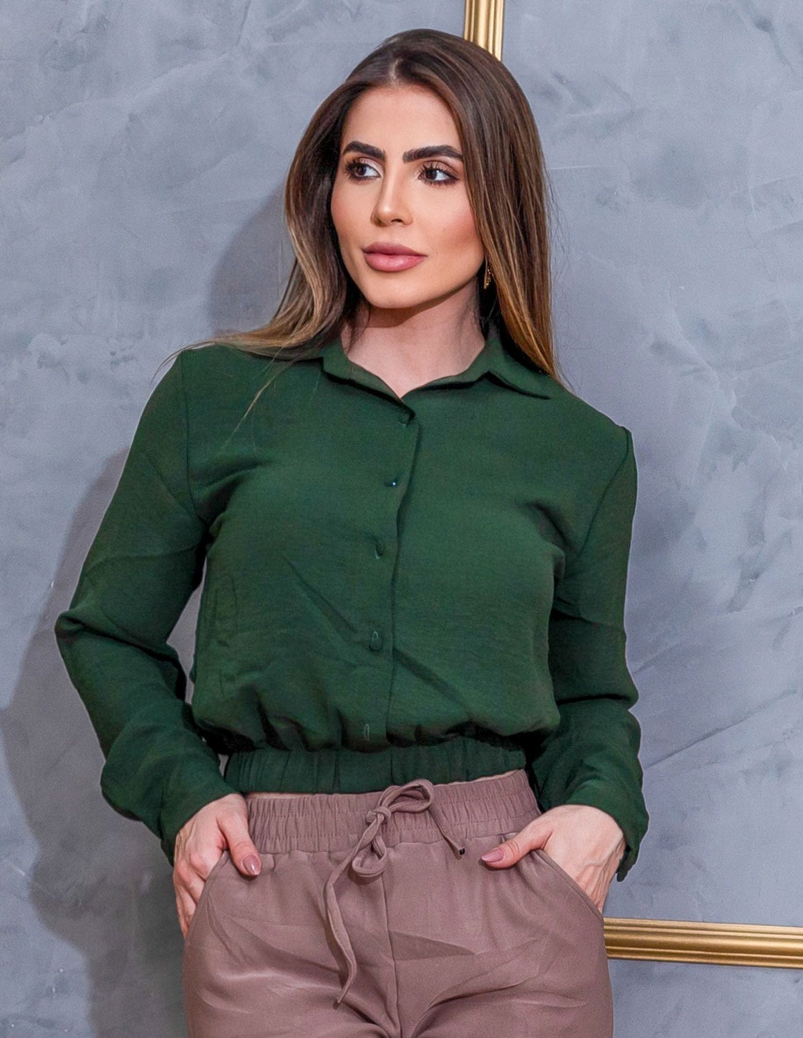Cropped Feminino Manga Longa em Crepe Duna