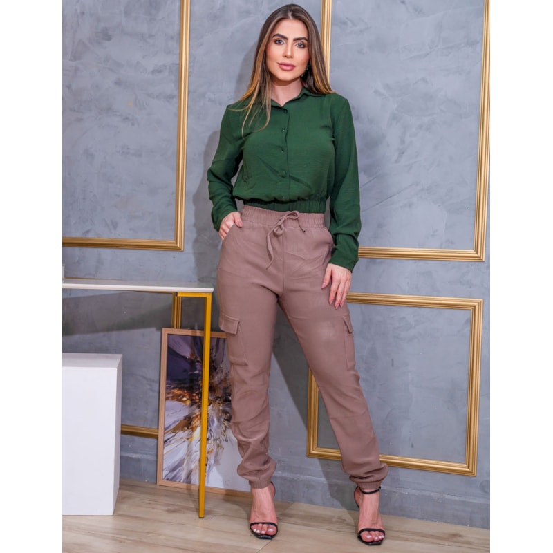 Cropped Feminino Manga Longa em Crepe Duna