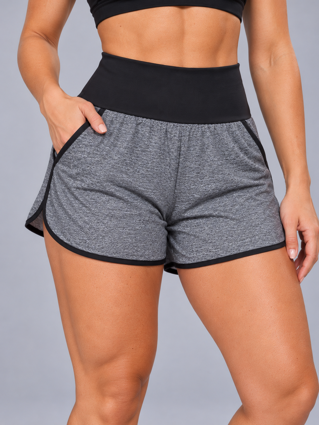 Short dry fit mescla com cós preto e bolsos - lateral