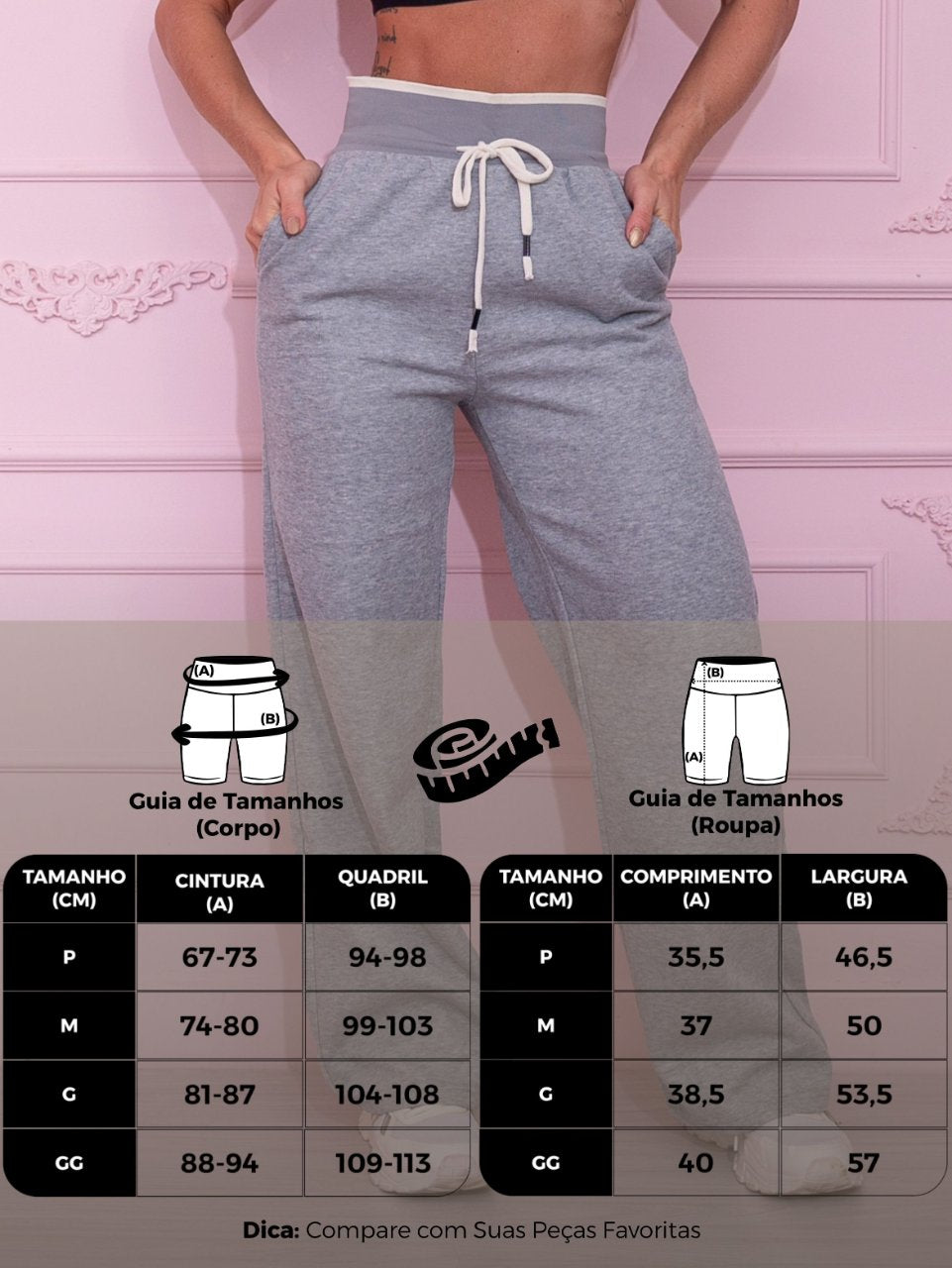Calça Moletom Wide Leg Cinza com Cordão Ajustável