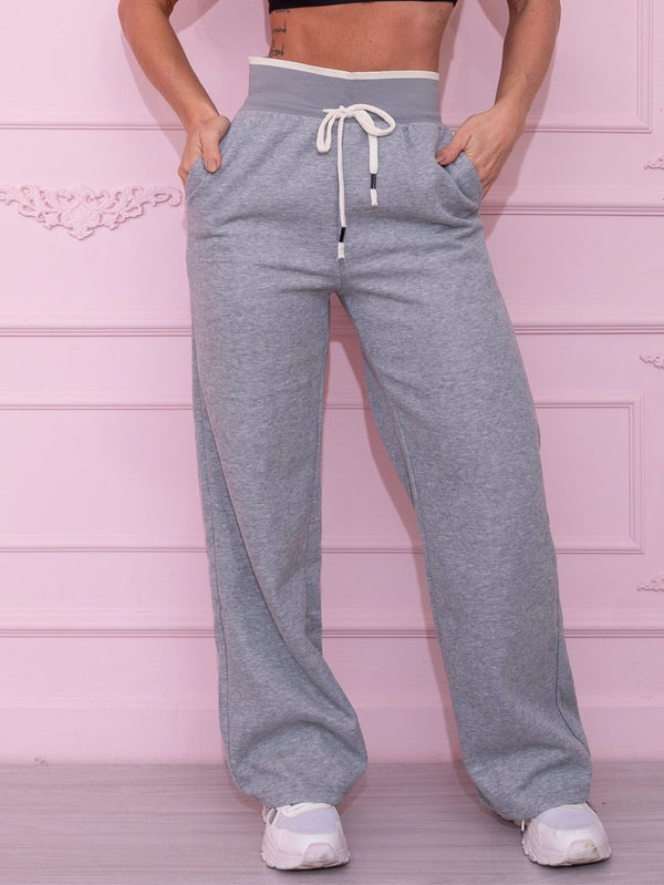 Calça Moletom Wide Leg Cinza com Cordão Ajustável