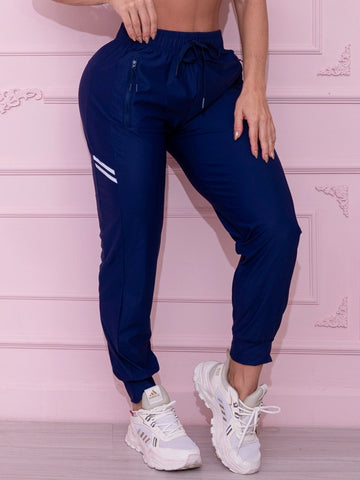 Calça Jogger Fitness Azul Marinho com Zíper e Detalhe Refletivo