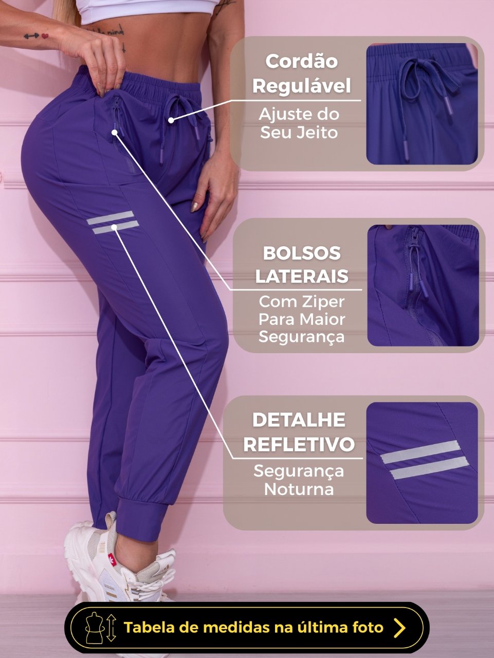 Calça Jogger Fitness Roxo com Detalhe Refletivo
